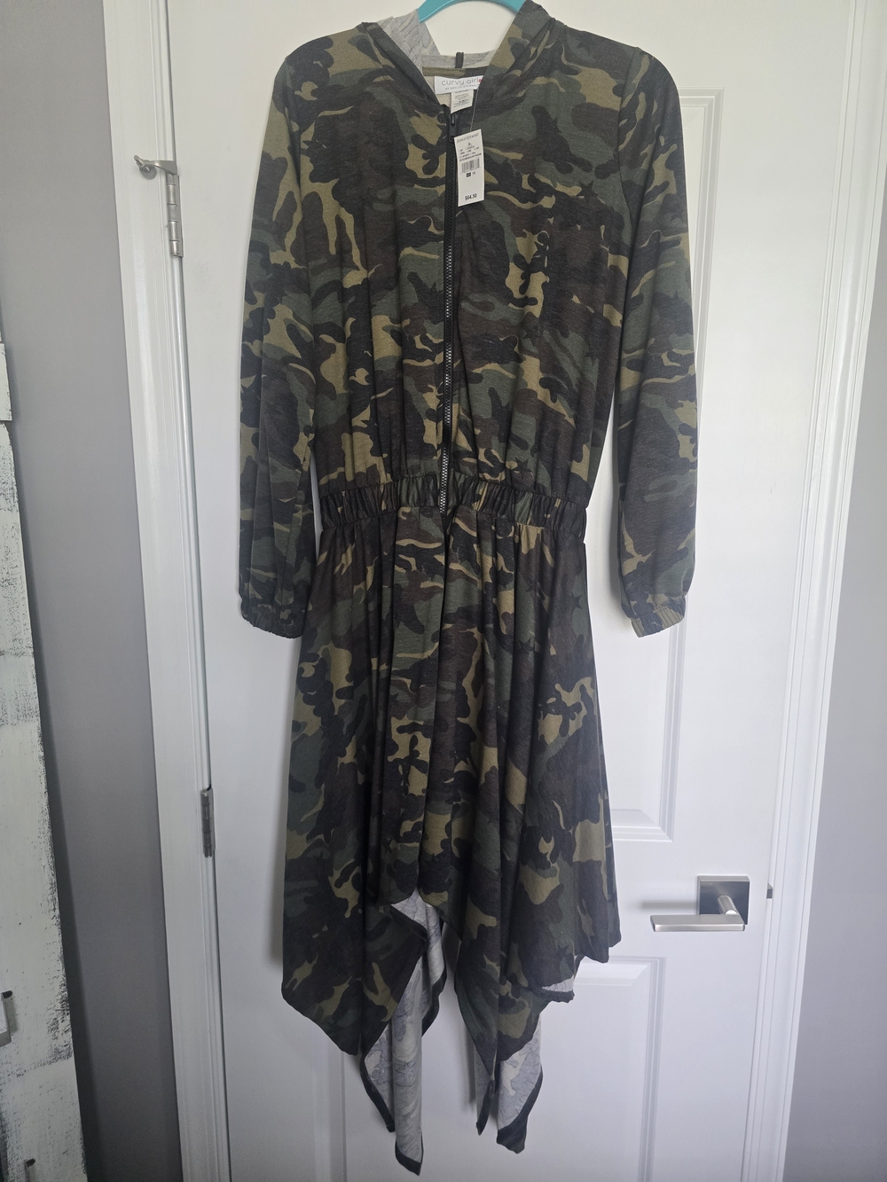 Ashley Stewart Olive Green Camouflage Long Sleeve Drawstring Dress